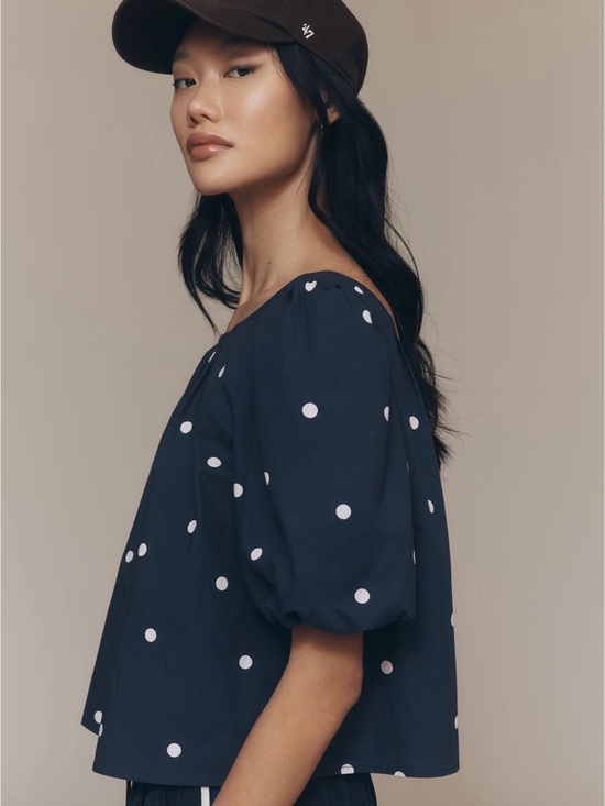 Maeve Tops - Anthropologie Maeve Navy Polka Dot Puff Sleeve Top - XL REVERSIBLE